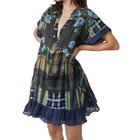 Free People Agnes Short Sleeve Ruffle V Neck Printed Floral Mini Dress .XS - Picture 2 of 10